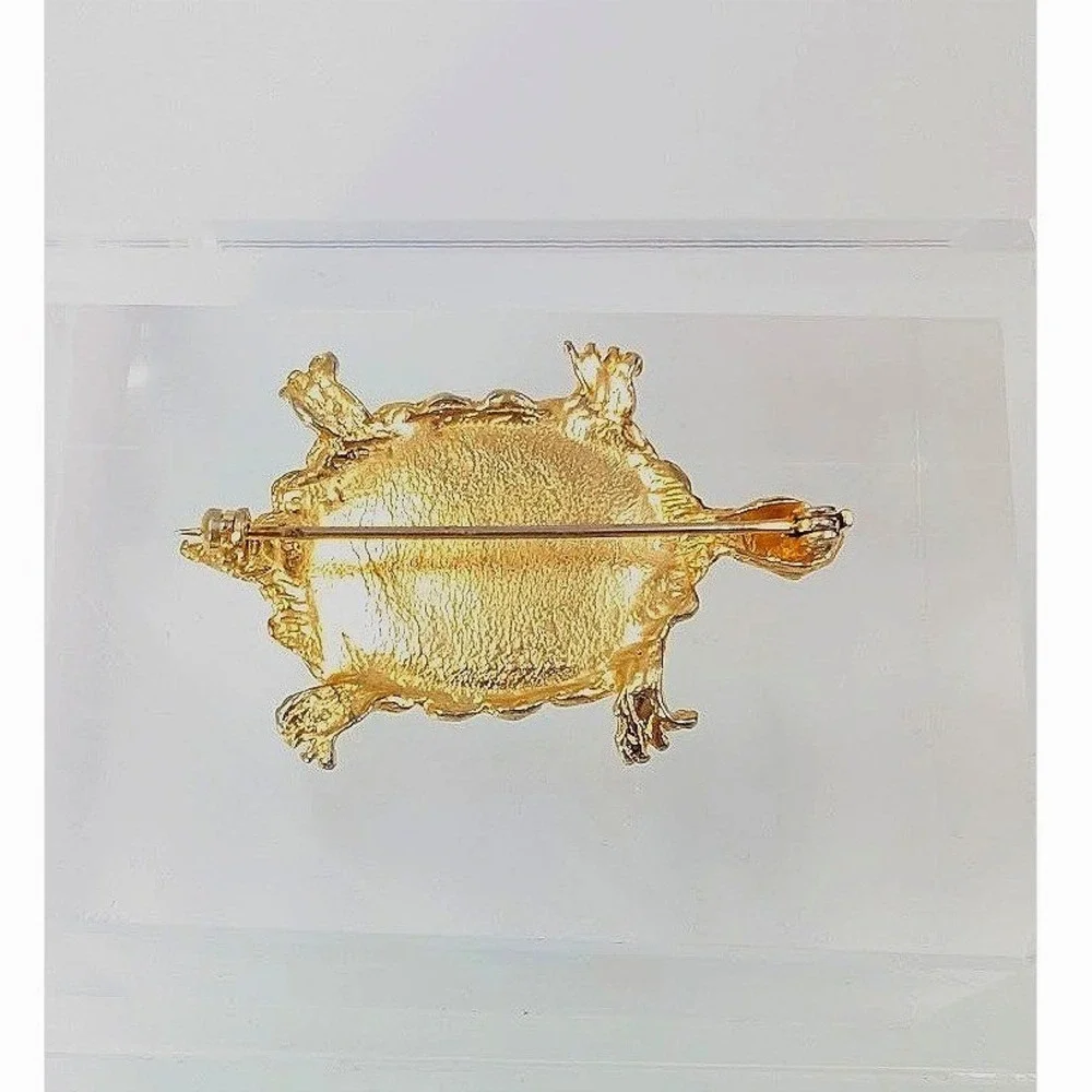 Vintage Gold‎ Tone Turtle Brooch Pin Brown Tortoise Novelty Statement